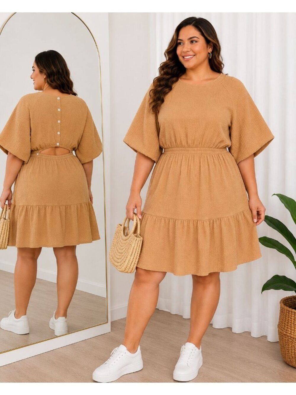 Madewell XXL Camel Seersucker Midi Dress Balloon Sleeve Button Back Tiered NWT